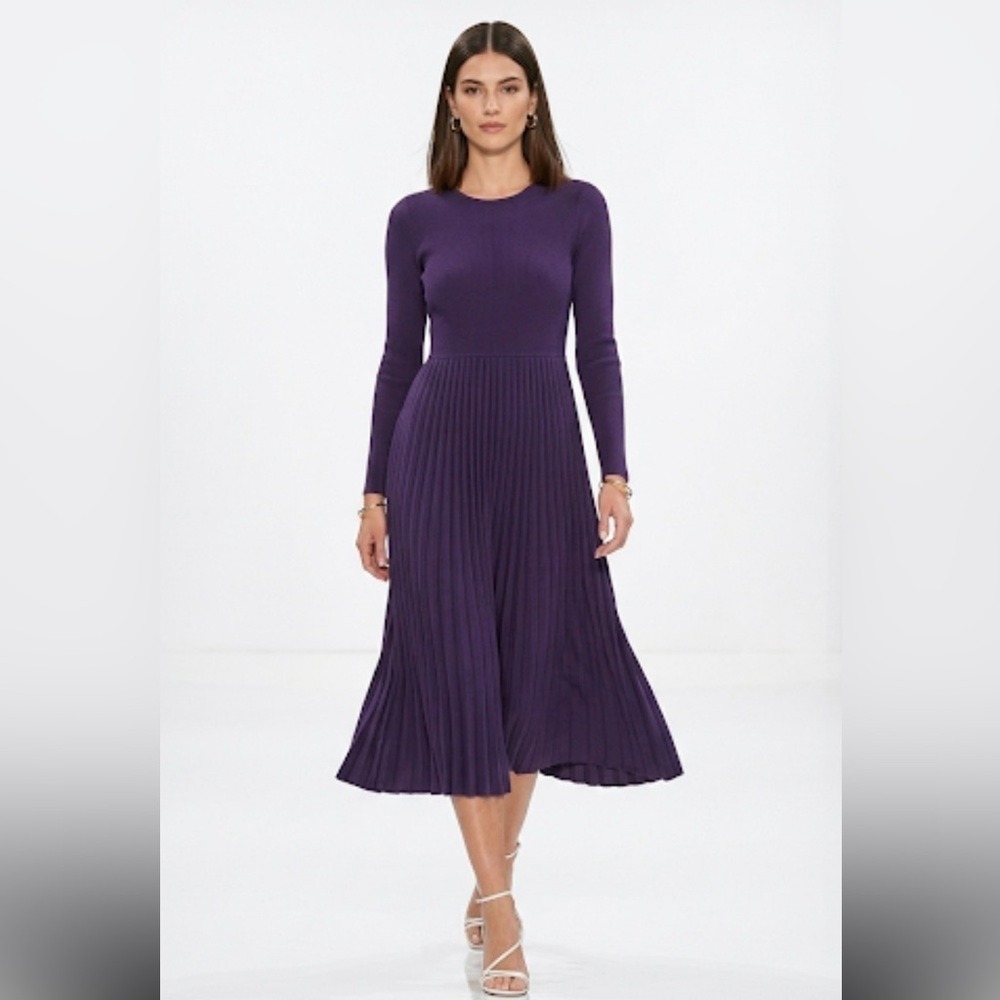 Jamie Brooke Purple Pleated Midi Dress Long Sleeve Round Neck Small
